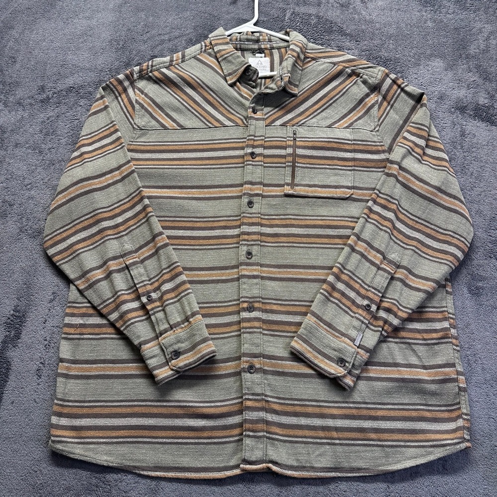 Ascend Button Down Shirt Mens 2XL Green Brown Striped Long Sleeve Zip Pocket